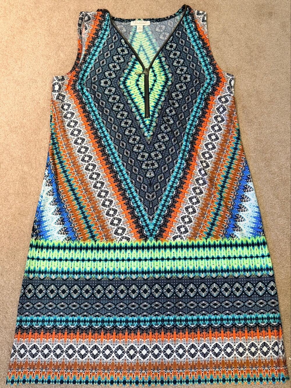 Prelude Womens Medium Boho Aztec Print Shift Dress Sleeveless Zip V-Neck Multi